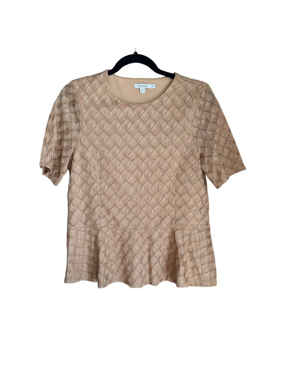 Chico's Gold Knit Shell Lace Overlay Peplum Top Sz 0/S Glam Wedding Party Chic